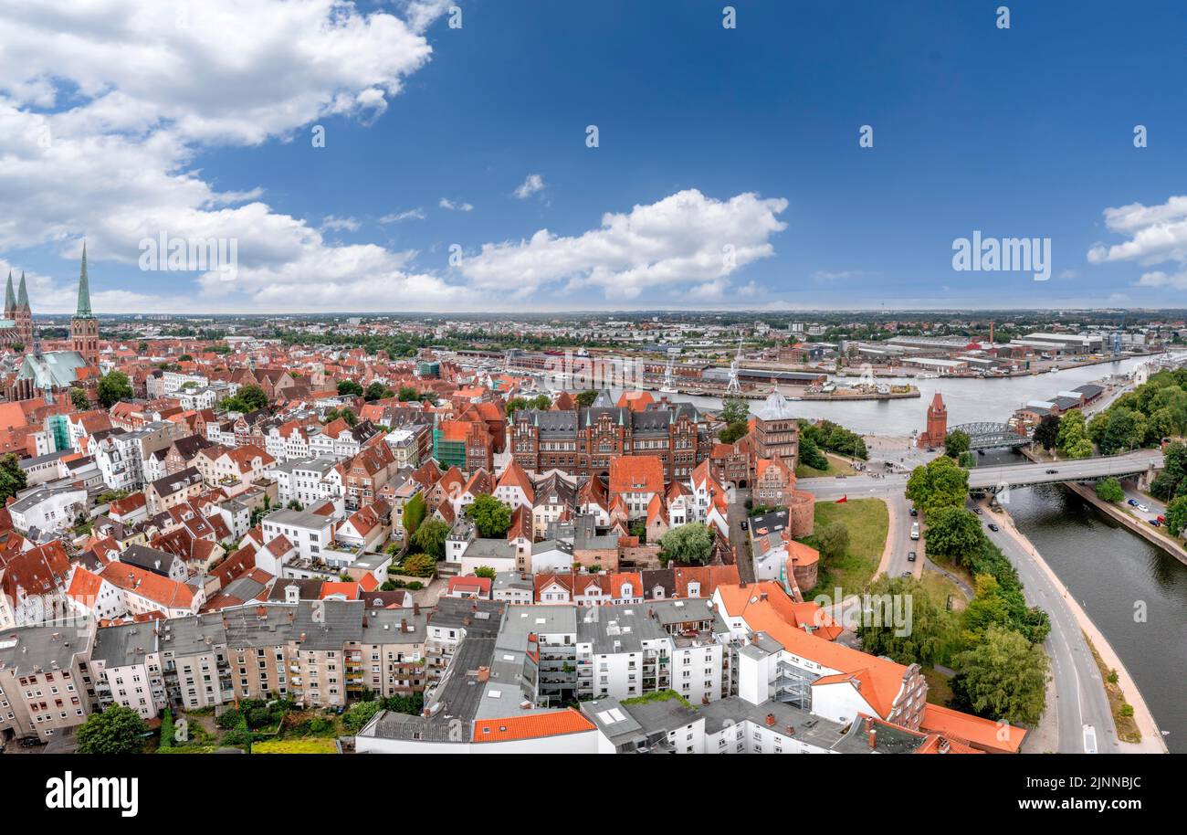 Drone shot, drone photo, panorama photo, historical city centre of Luebeck with view of the castle with the castle gate, European Hanseatic Museum Stock Photo