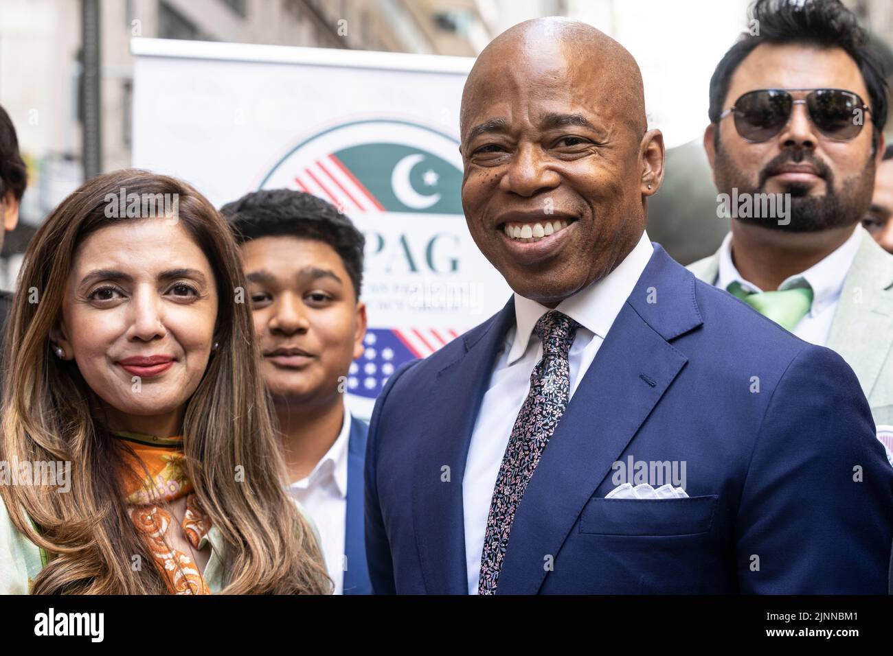 New York, NY - August 12. 2022: Mayor Eric Adams and Consul General Ayesha Ali pose during ceremony of Pakistani flag raising at Bowling Green Park Stock Photo