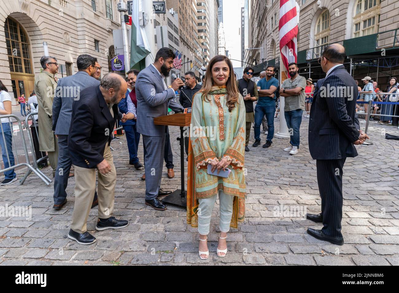 New York, NY - August 12. 2022: Consul General of Pakistan Ayesha Ali attends ceremony of Pakistani flag raising at Bowling Green Park Stock Photo