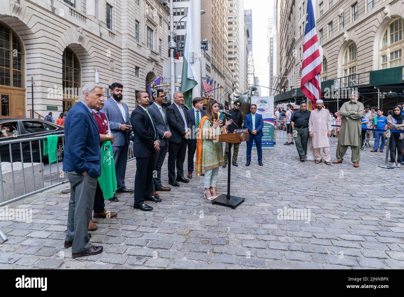 New York, NY - August 12. 2022: Consul General of Pakistan Ayesha Ali speaks during ceremony of Pakistani flag raising at Bowling Green Park Stock Photo