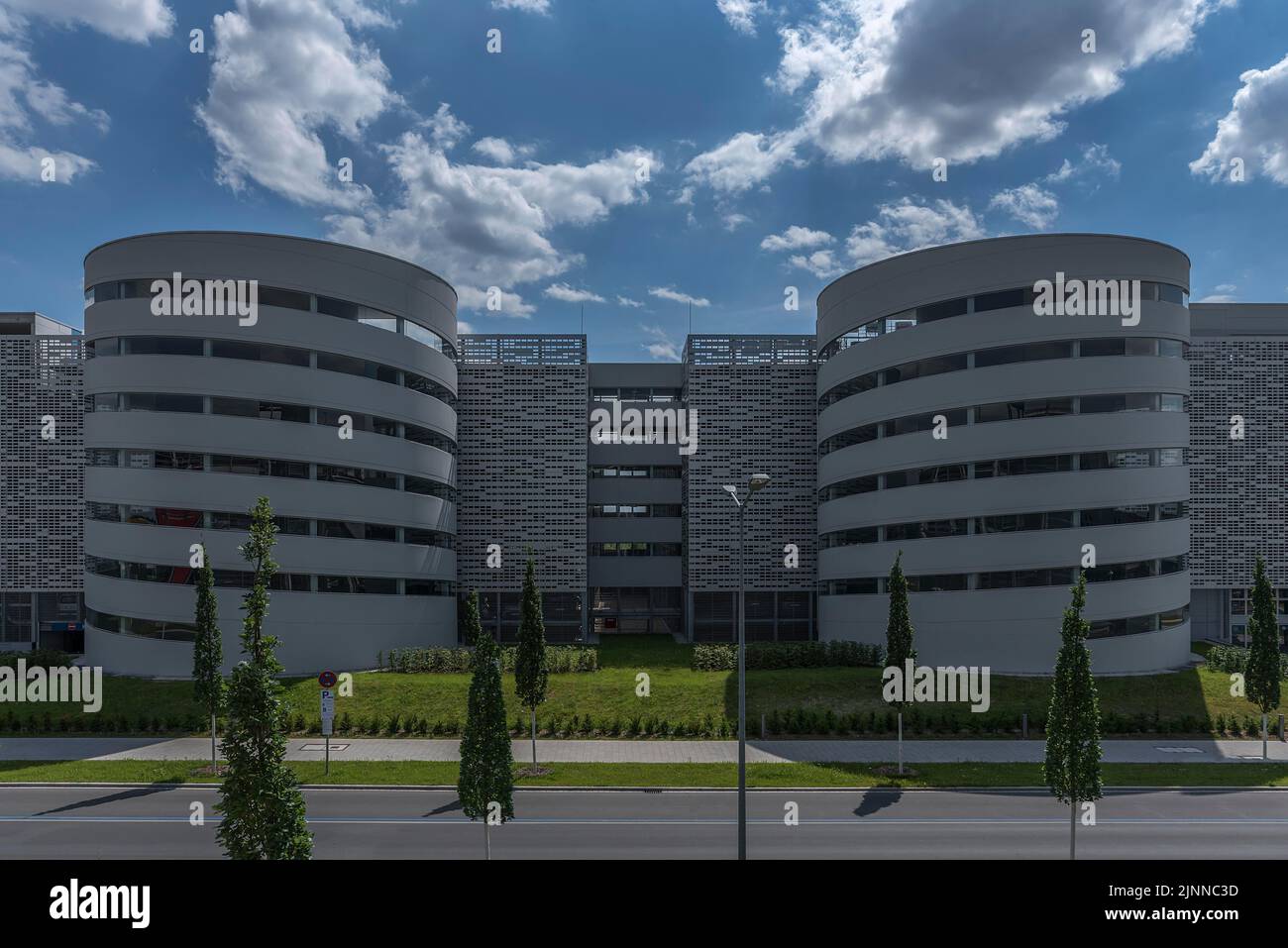 Modern multistorey car park with two access towers at the airport