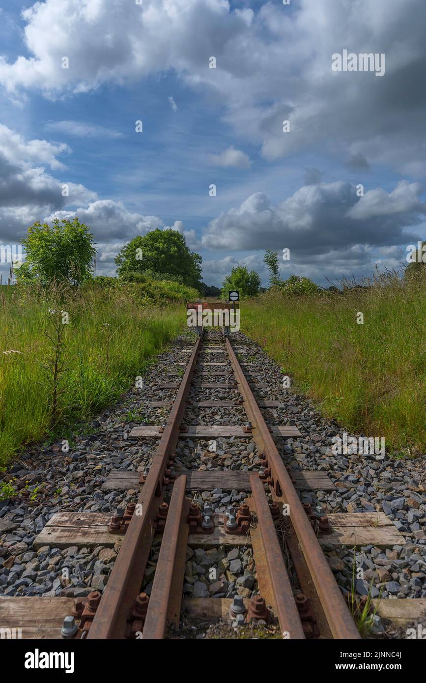 Buffer on a disused railway line, Mecklenburg-Western Pomerania, Germany Stock Photo