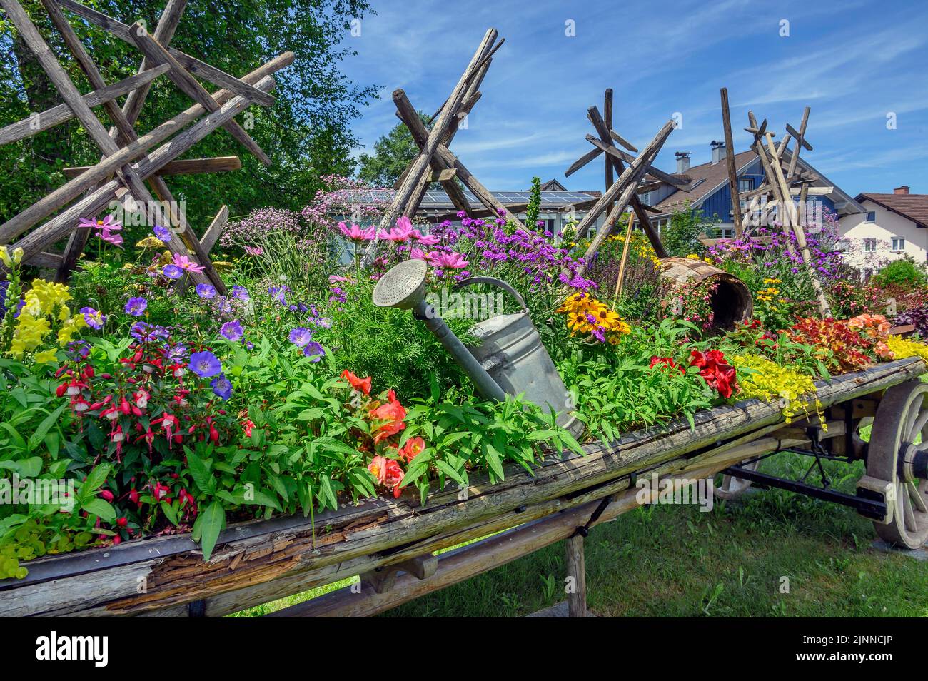 Old hay cart with floral decorations and hay candles, Buchenberg, Bavaria, Germany Stock Photo
