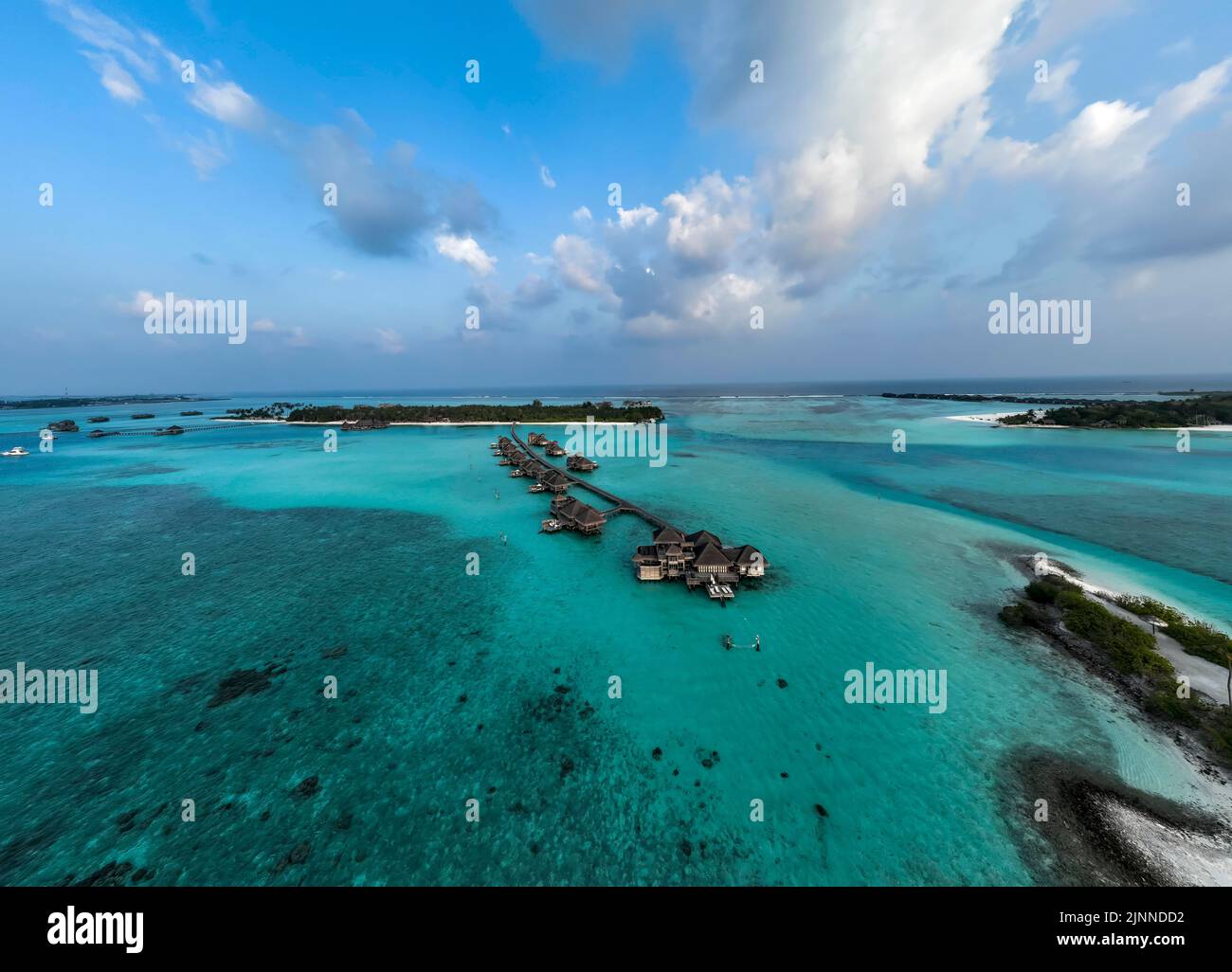 Aerial view, Gili Lankanfushi with water bungalows, Indian Ocean, Lankanfushi, North Male Atoll, Maldives Stock Photo