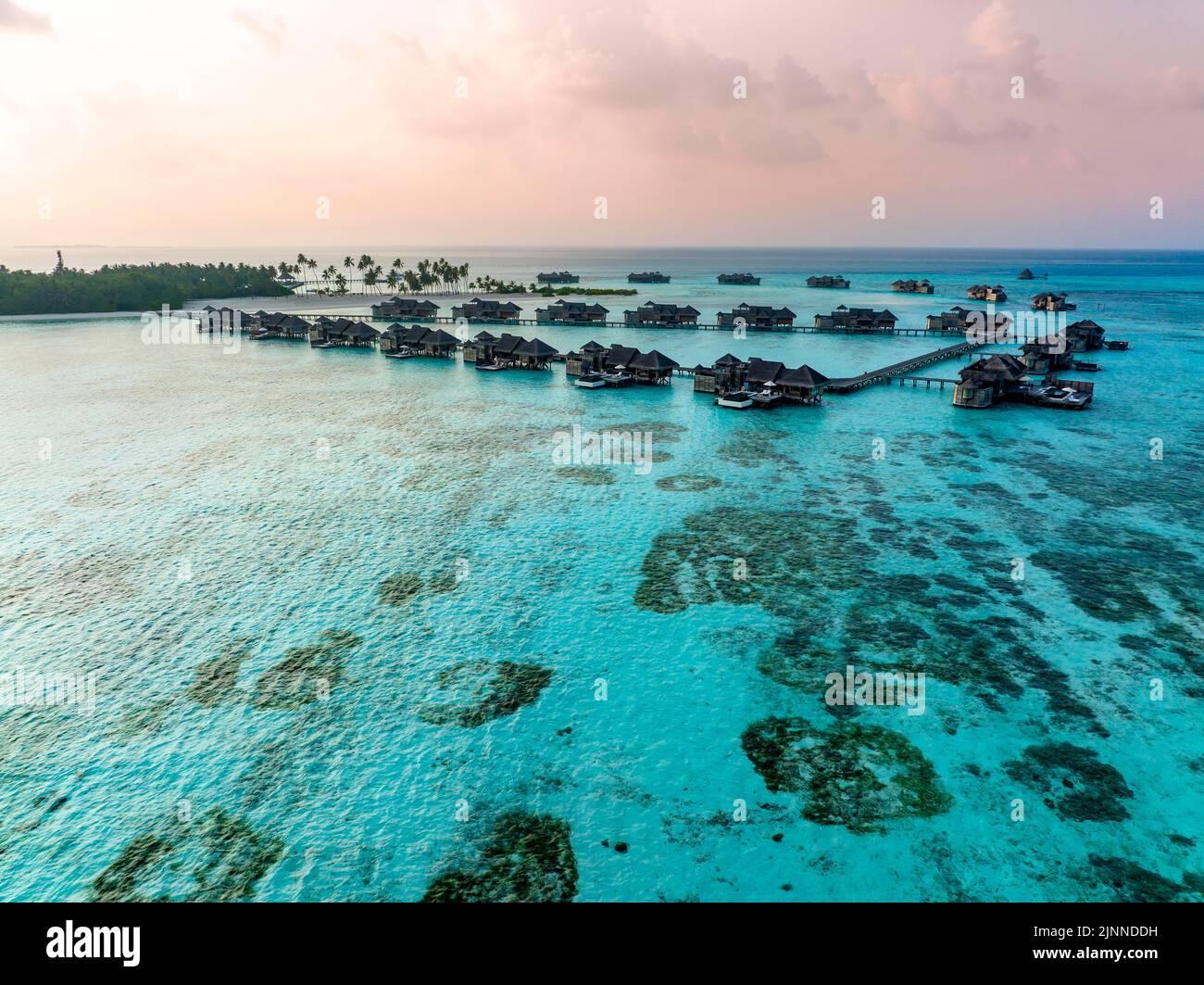 Aerial view, Gili Lankanfushi with water bungalows, Indian Ocean, Lankanfushi, North Male Atoll, Maldives Stock Photo