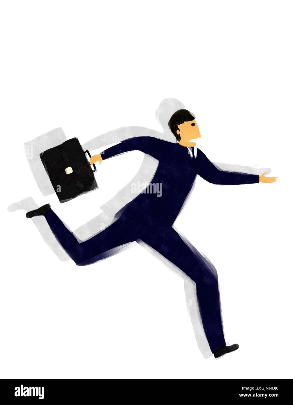 Watercolorstyle drawing of a businessman running late against white