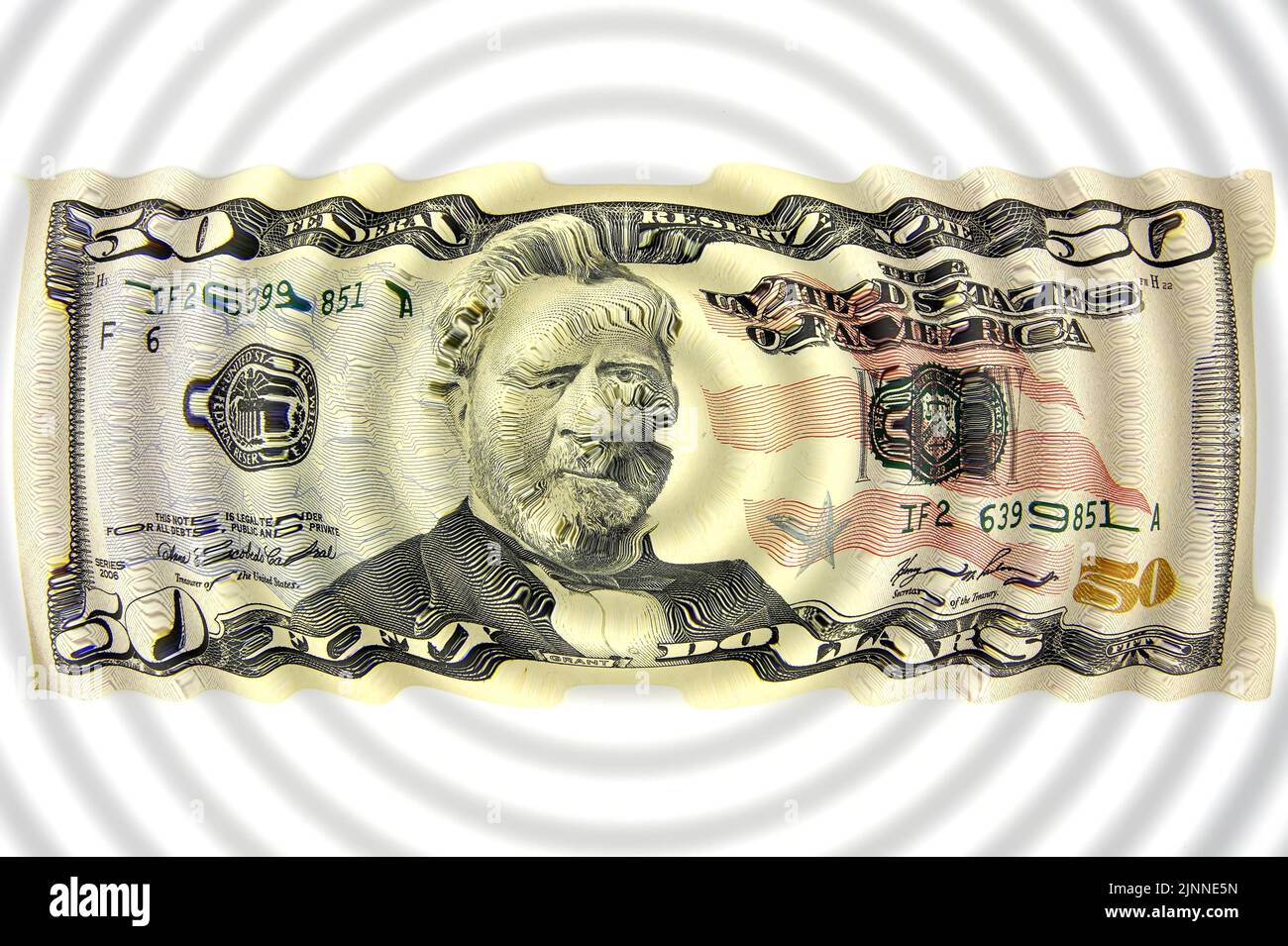 A fifty dollar note graphically altered or distorted as a wave Stock ...