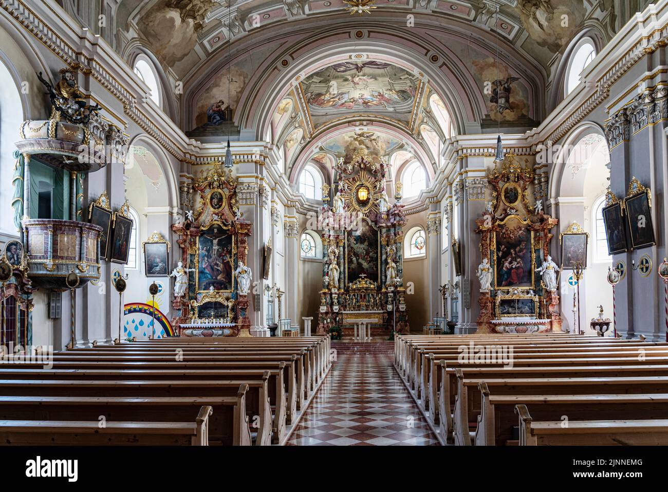 Church, St. Nicholas Parish Church, interior view, altar area, Tannheim ...