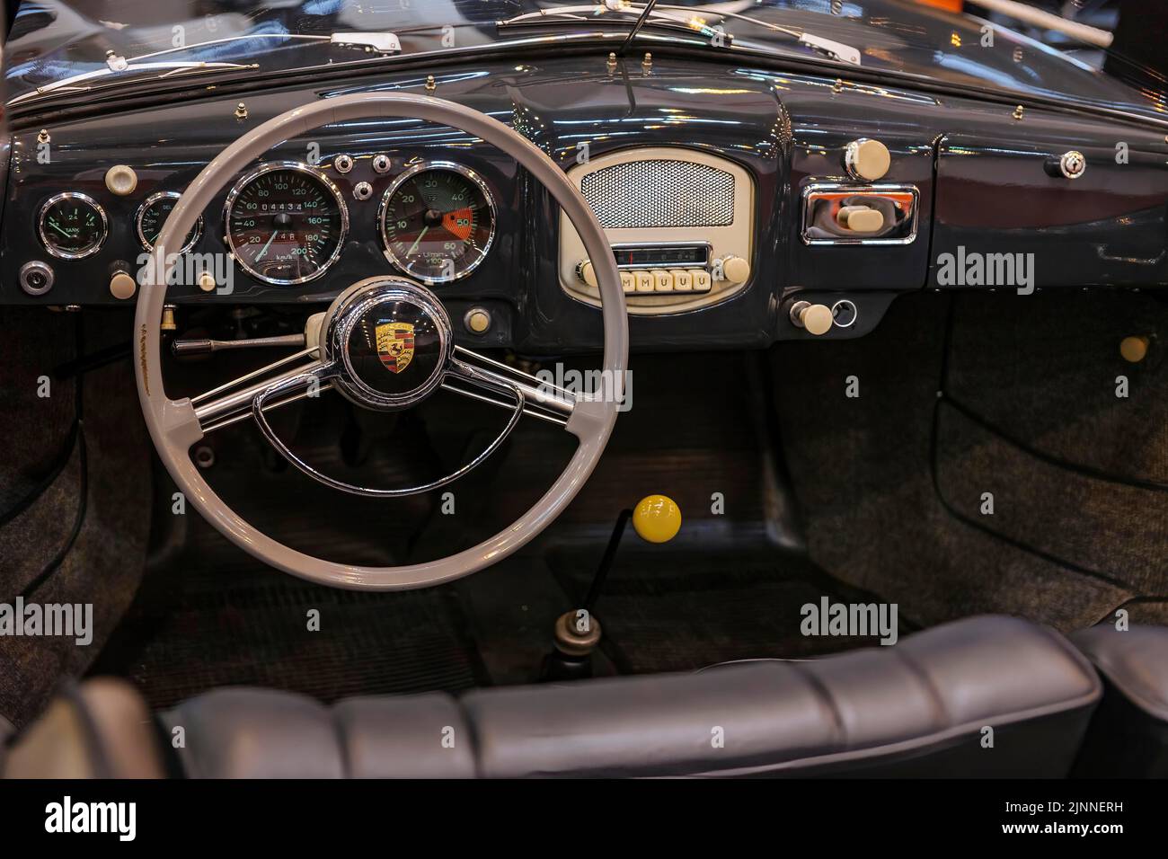 View of steering wheel and dashboard of historic Porsche 356 classic