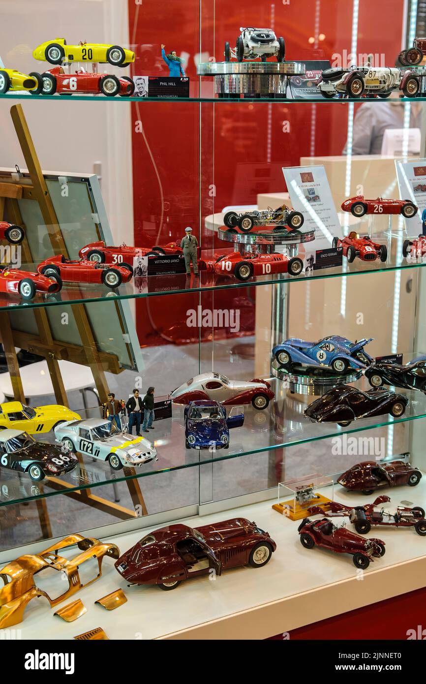 Collector's showcase with models of historic sports cars racing cars, Techno Classica trade fair, Essen, North Rhine-Westphalia, Germany Stock Photo