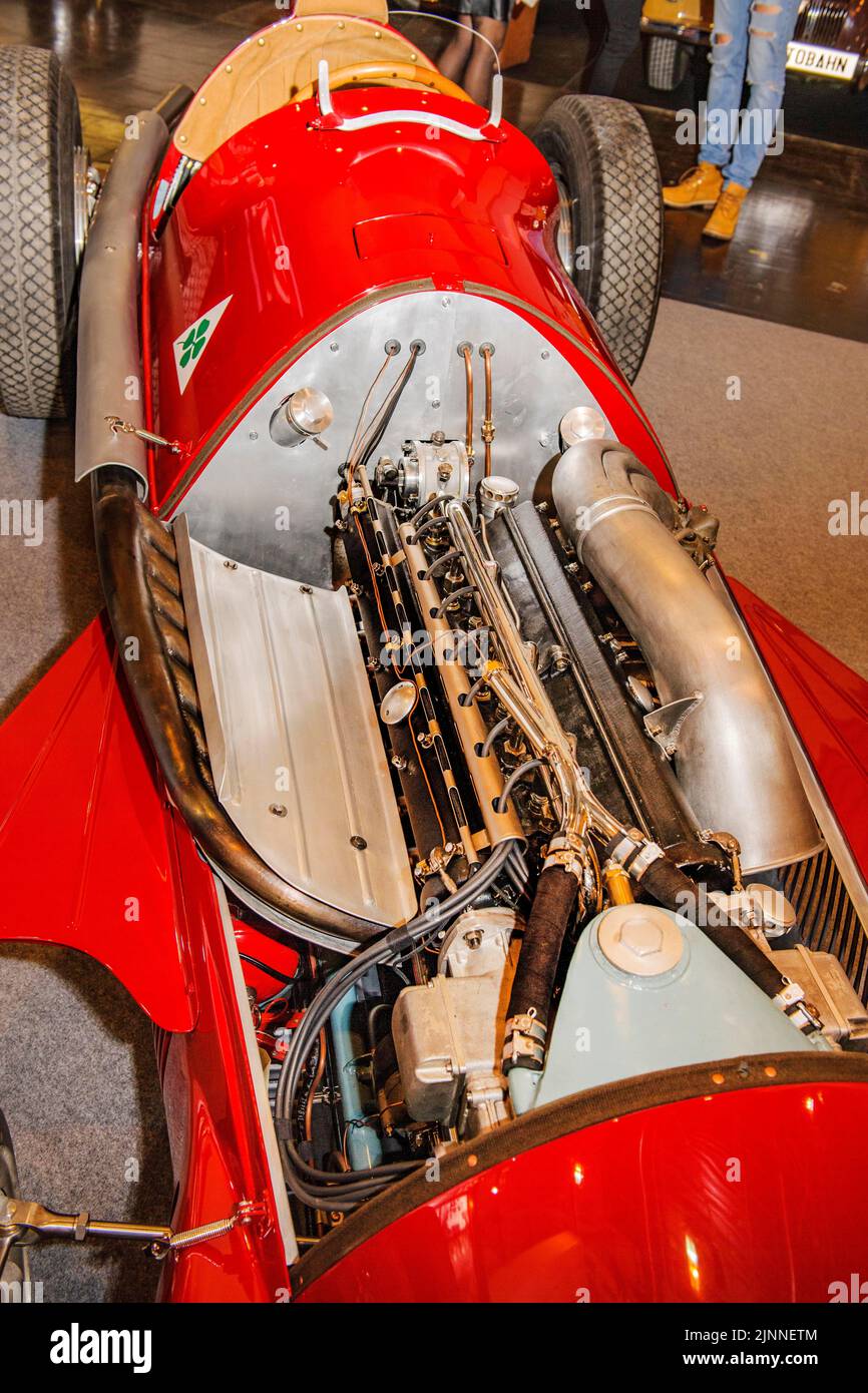 View into engine compartment of historic Italian racing car Alfa Romeo GP Tipo 158 Alfetta first Formal 1 winner 1950 50s, fair Techno Classica Stock Photo