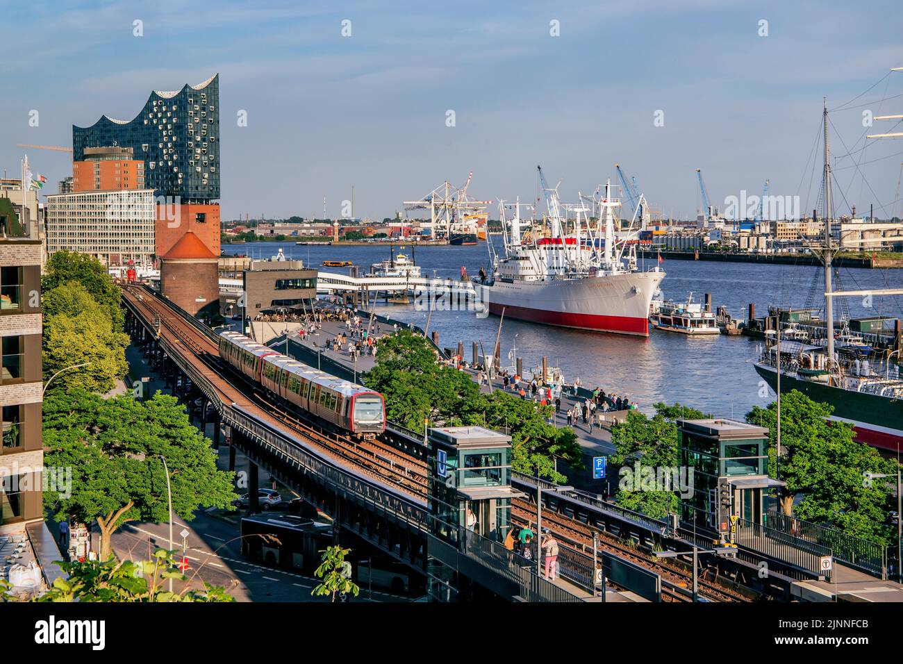 Hamburg elevated railway with museum ship and Elbe Philharmonic Hall on