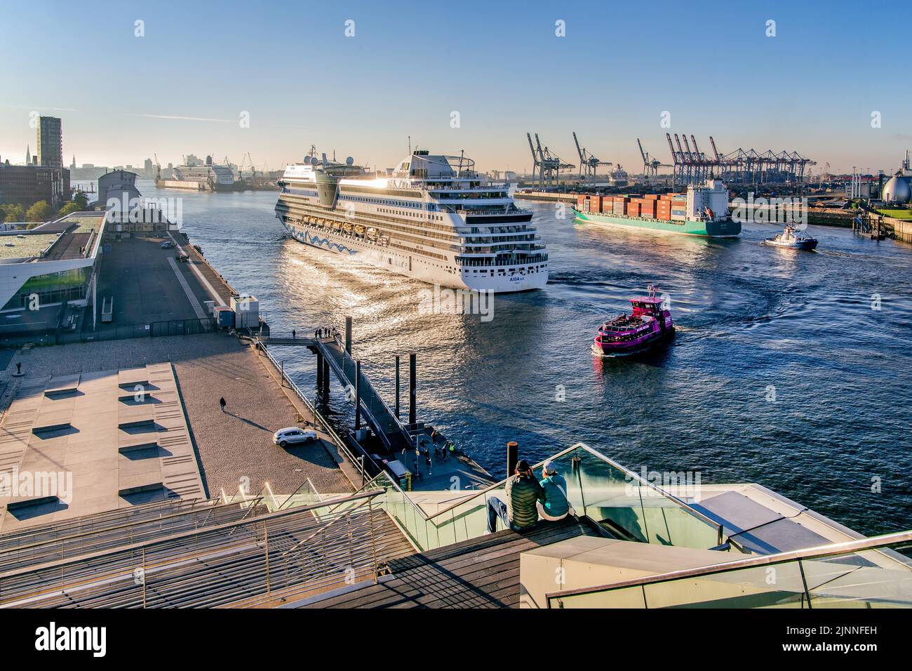 Cruise ship AidaSol in front of the cruise terminal Altona on the river