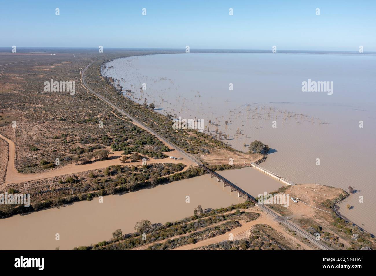 Flood waters from the Darling river fill Menindee lakes in the far west of New South Wales, Australia. Stock Photo