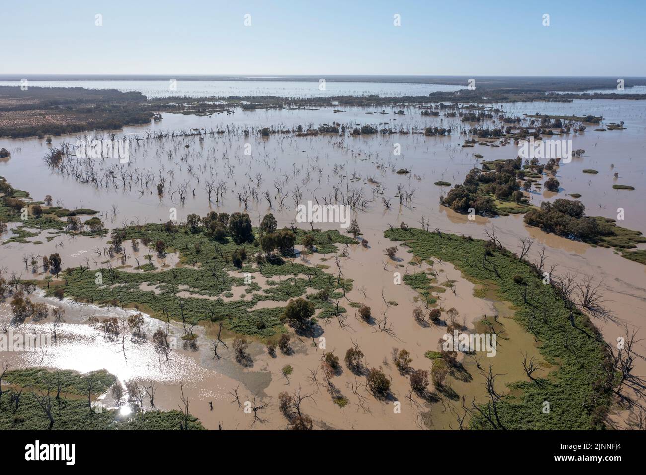 Flood waters from the Darling river fill Menindee lakes in the far west of New South Wales, Australia. Stock Photo