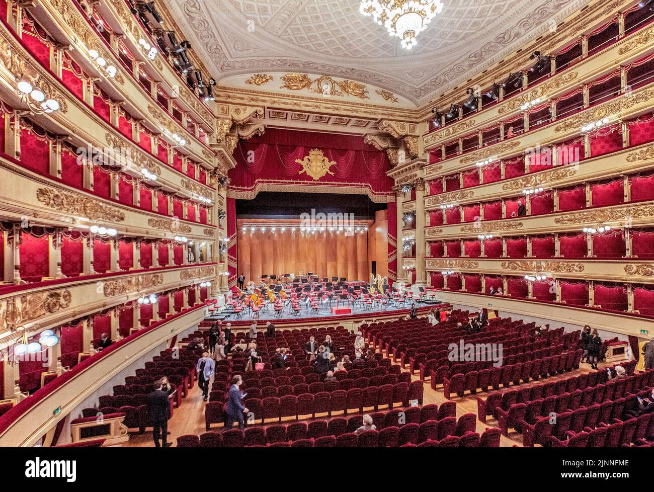 Auditorium, hall with stage at La Scala, Teatro alla Scala, Milan, Lombardy, Northern Italy, Italy Stock Photo