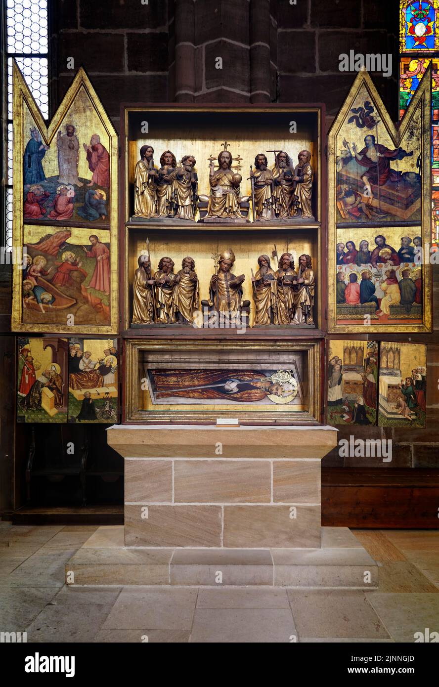 Deocarus Altar (1436-1437), on the right predella lower right Ludwig the Bavarian gives the relics of St. Deocar to the city of Nuremberg, Old Town Stock Photo