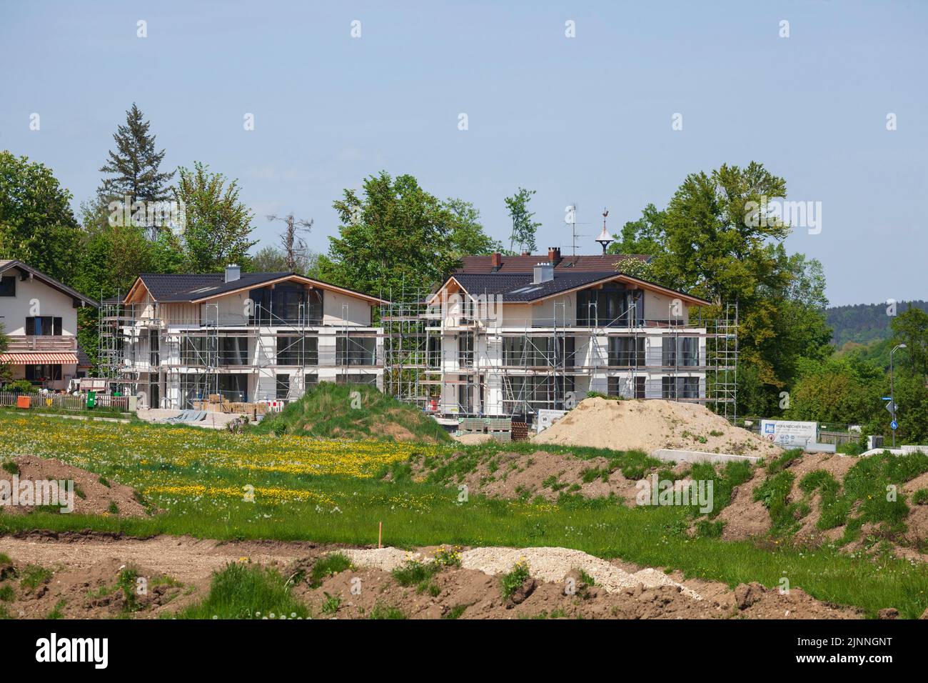 Modern residential building, shell, construction site, Prien, Chiemgau, Upper Bavaria, Bavaria, Germany Stock Photo