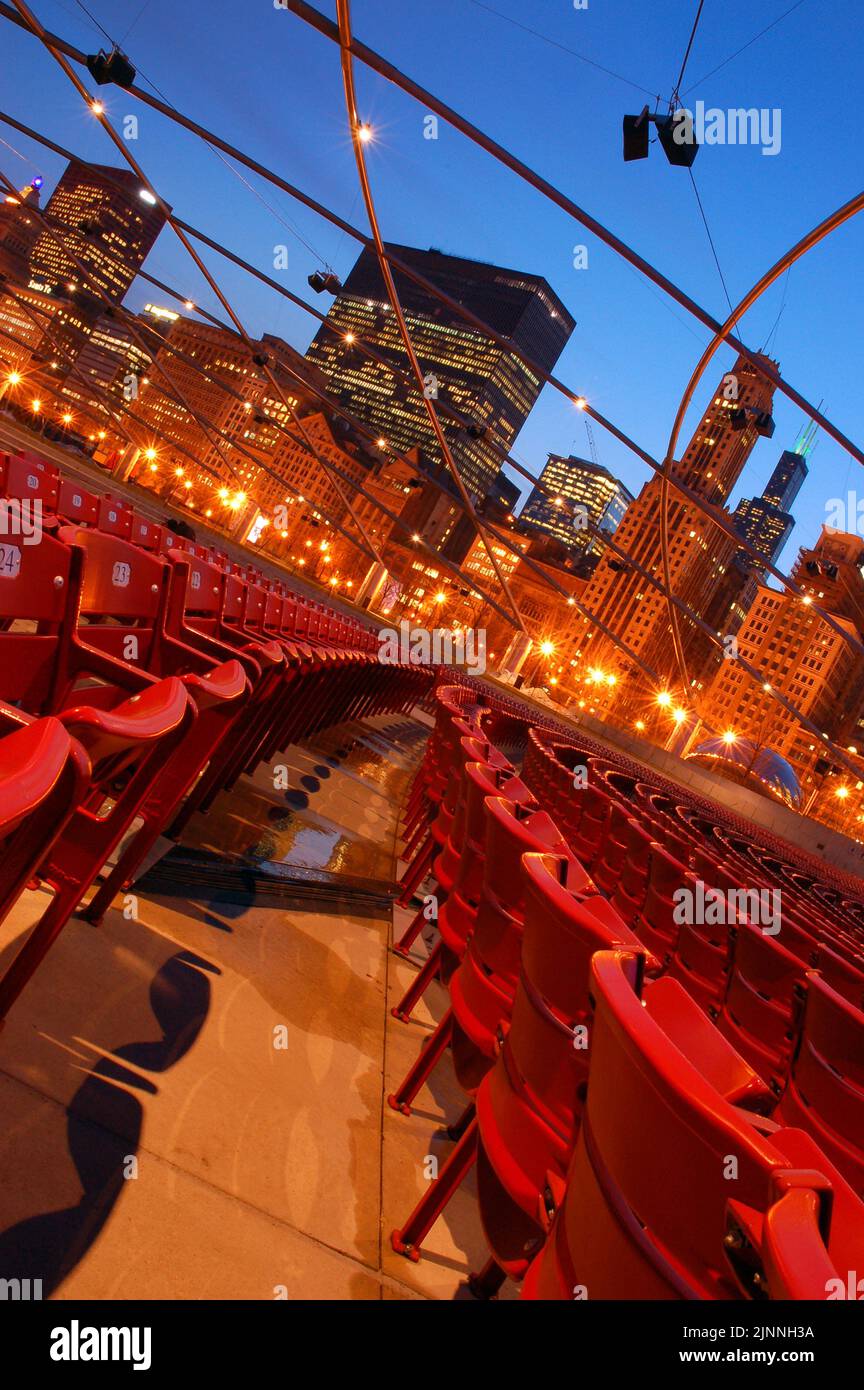 The Chicago Skyline is Seen Through the Beams of the Pritzger Theater