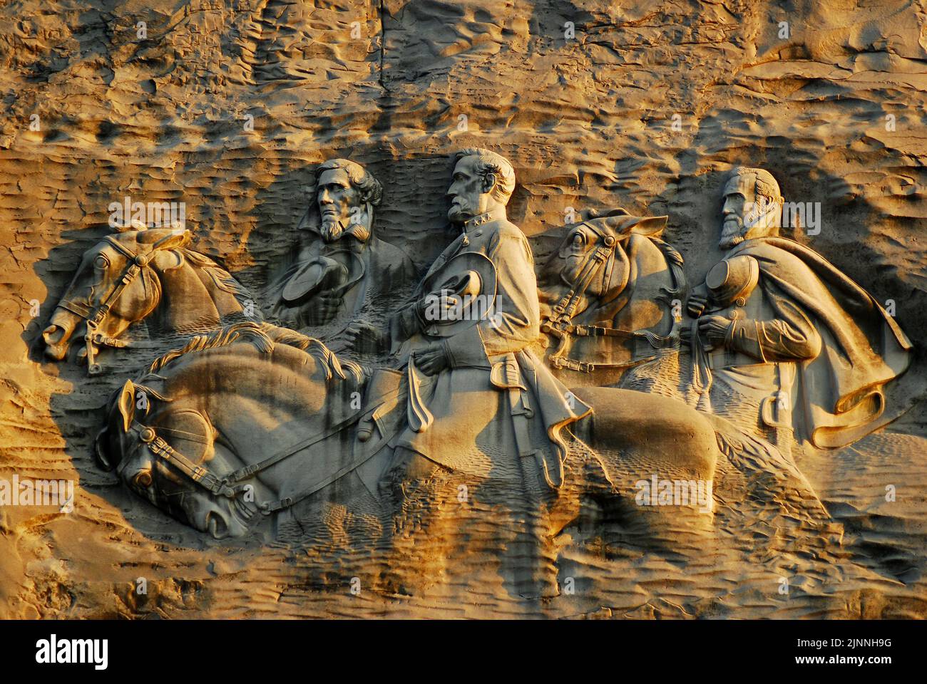 Carvings of Confederate Generals appear on the side of Stone Mountain outside of Atlanta, a controversial memorial to the Confederacy Stock Photo