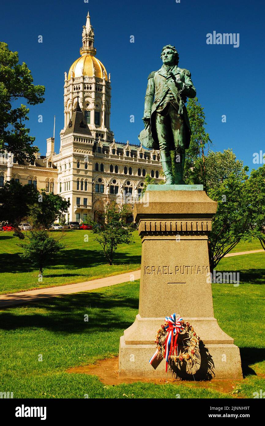 A statue of Isrrael Putnam stands outside the Connecticut State Capitol, the center for politics and govern the state, in Hartford Stock Photo