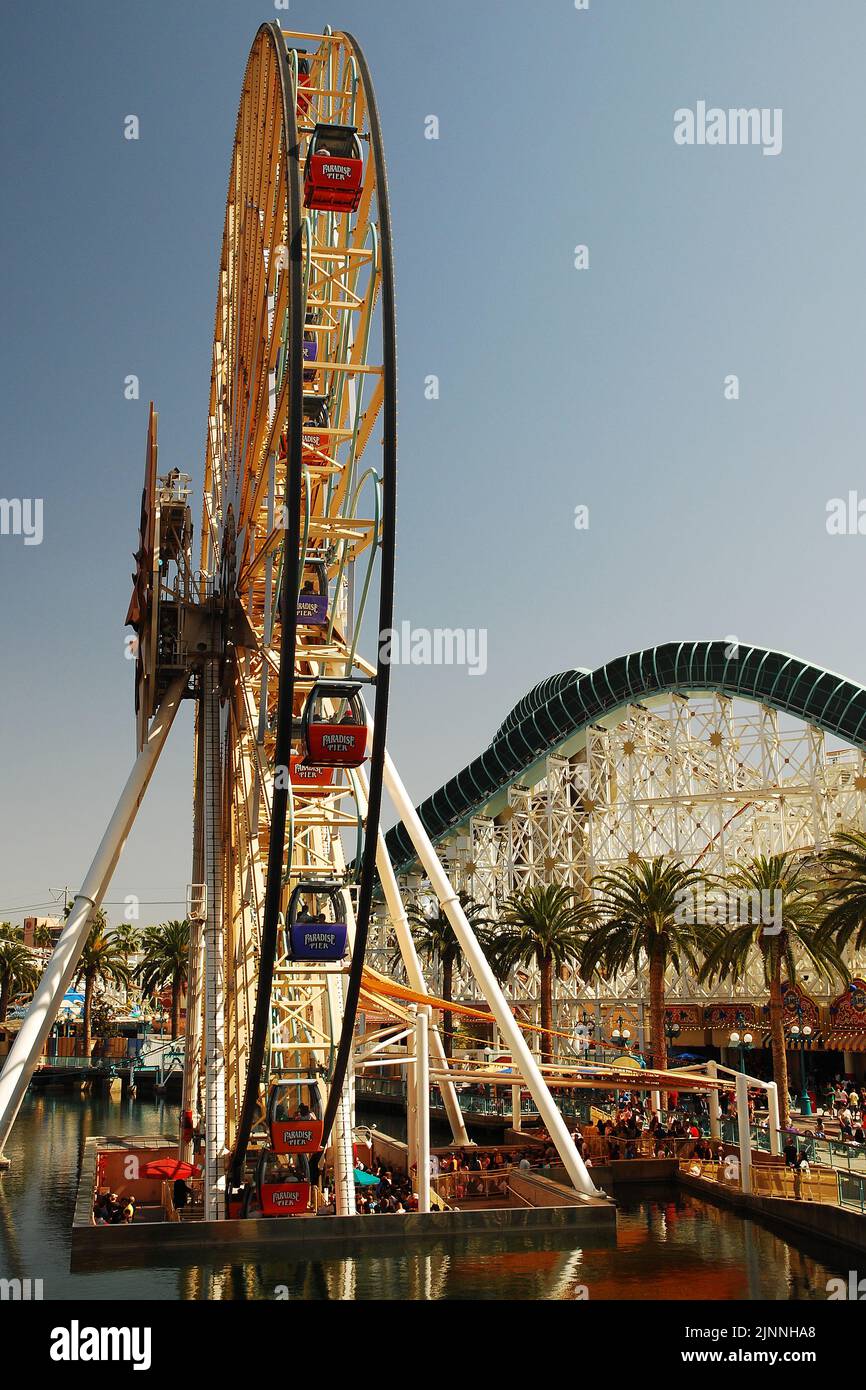 A large Ferris wheel is the centerpiece of the California Adventure amusement park, adjacent to Disneyland Stock Photo