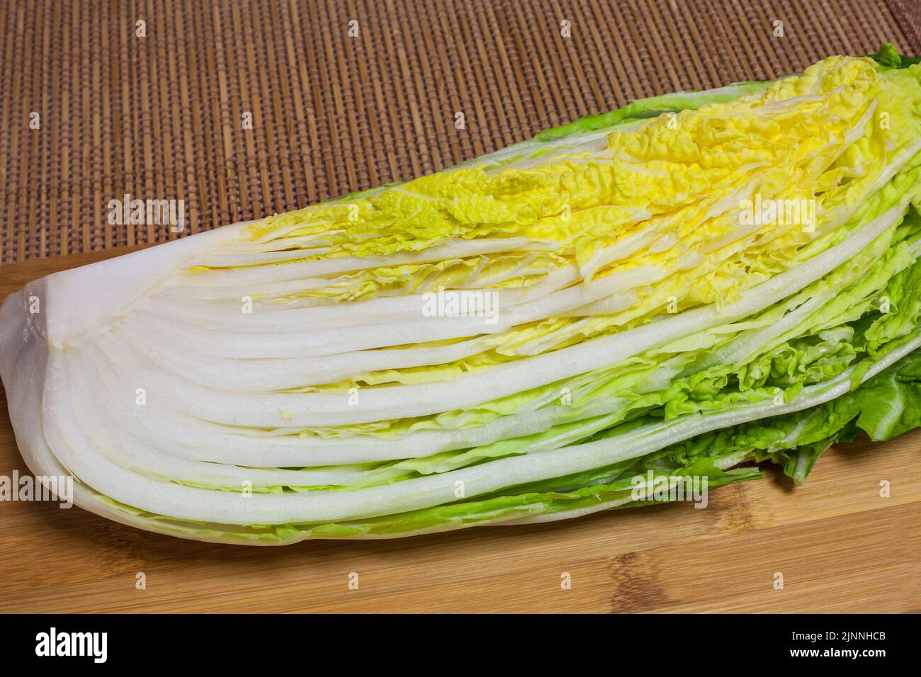Napa cabbage, hakusai, on cutting board in Nakaikegami, Tokyo, Japan