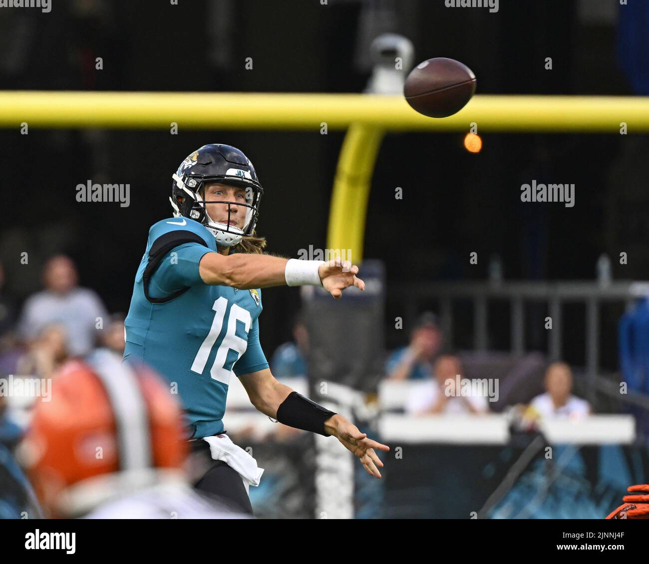 Jacksonville, USA. 12th Aug, 2022. Jaguars Quarterback Trevor Lawrence passes in the first half as the Browns take on the Jaguars in a pre-season game of the 2022/2023 season at the TIAA Bank Field in Jacksonville, Florida on Friday, August 12, 2022. Photo by Joe Marino/UPI Credit: UPI/Alamy Live News Stock Photo
