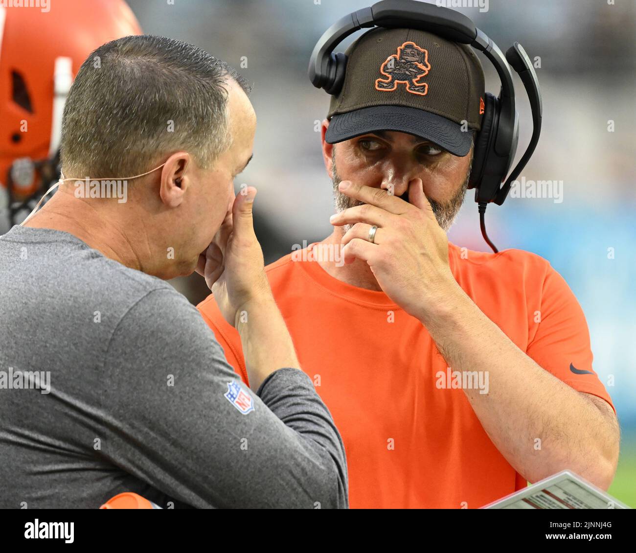 Jacksonville, USA. 12th Aug, 2022. Browns Head Coach Kevin Stefanski (r) talks with another coach as the Browns take on the Jaguars in a pre-season game of the 2022/2023 season at the TIAA Bank Field in Jacksonville, Florida on Friday, August 12, 2022. Photo by Joe Marino/UPI Credit: UPI/Alamy Live News Stock Photo