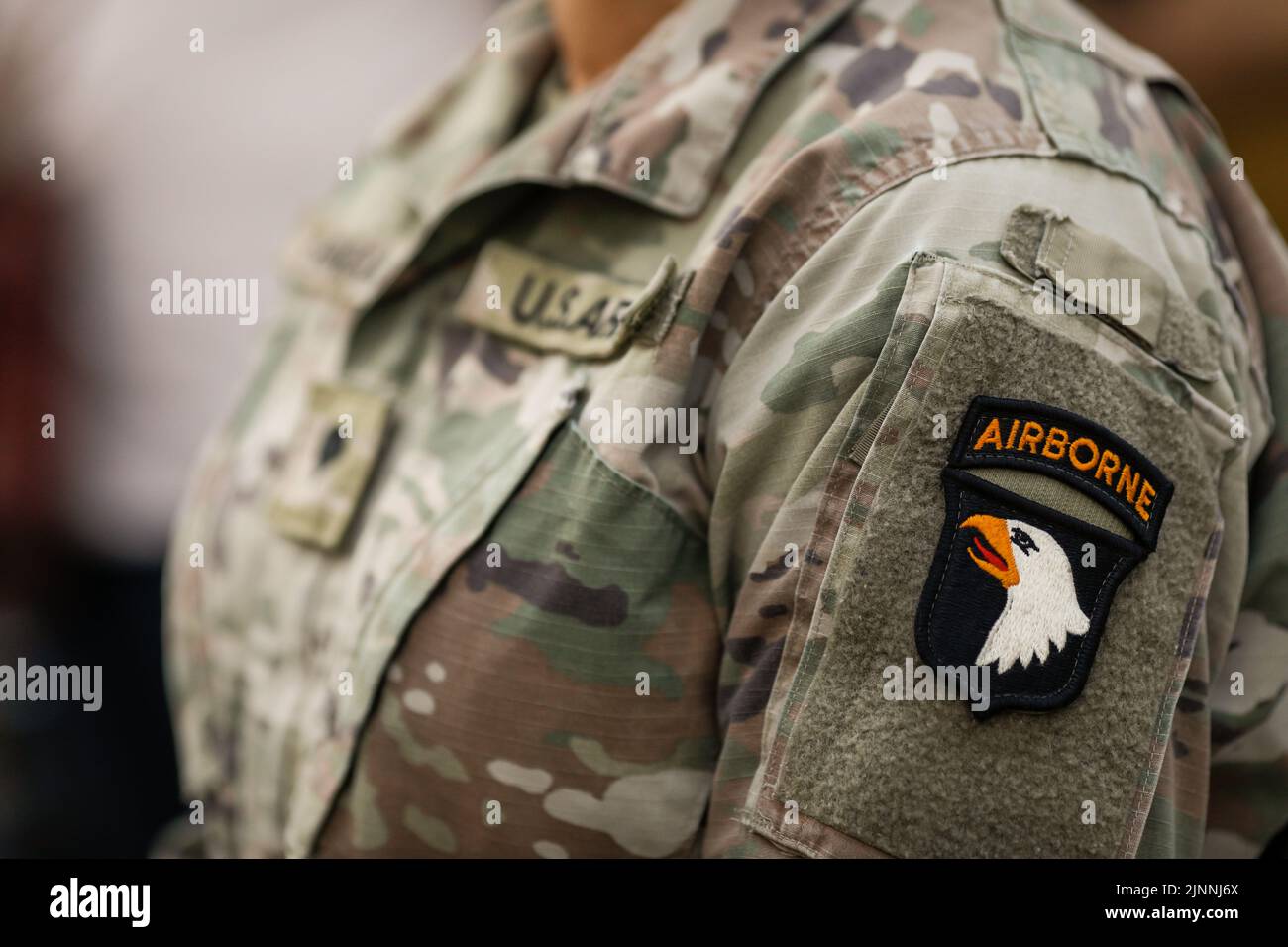 Bucharest, Romania - August 12, 2022: Shallow depth of field (selective focus) details with 101st Airborne Division Air Assault Band members performin Stock Photo