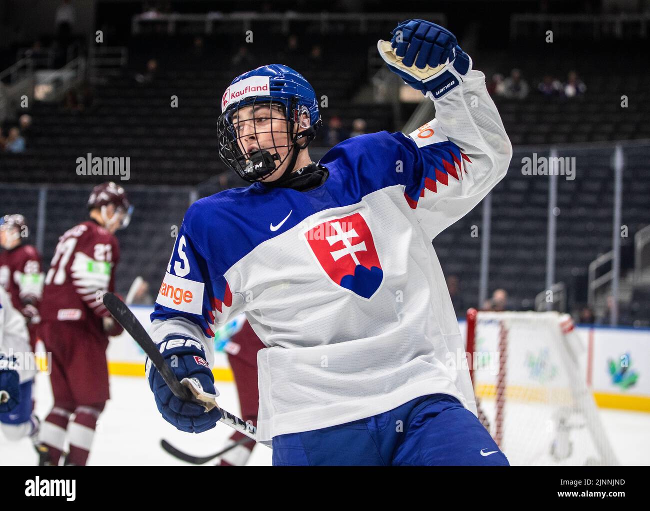 Slovakias Dalibor Dvorsky (15) celebrates a goal against Latvia during the second period of an IIHF junior world hockey championships game Friday, Aug