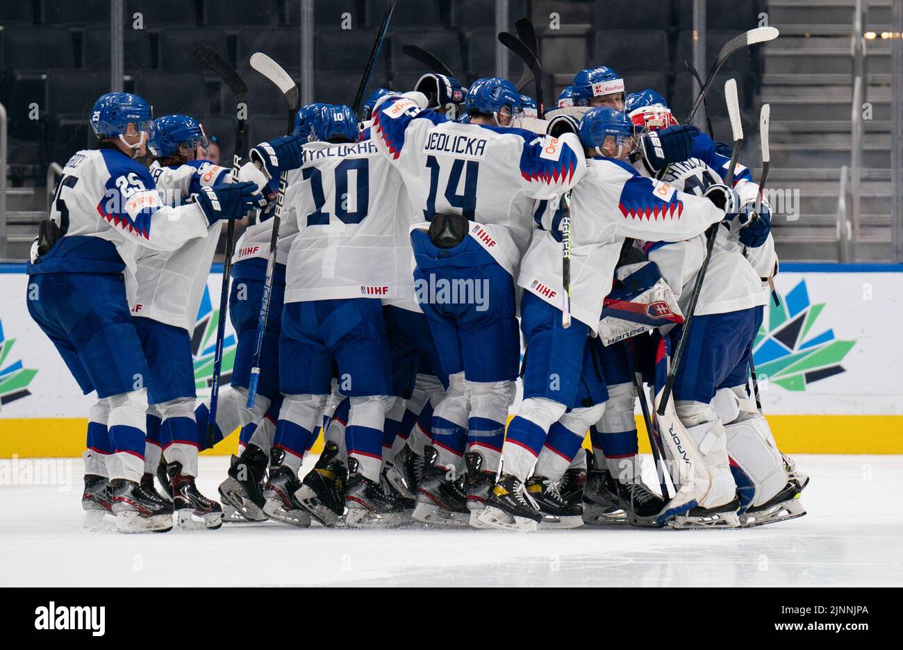 Edmonton, Alberta, Canada. 12th Aug, 2022. Team Slovakia celebrates there victory during overtime at the World Junior Championships at Rogers Place in Edmonton, Alberta. (Credit Image: © Matthew Helfrich/ZUMA Press Wire) Credit: ZUMA Press, Inc./Alamy Live News Stock Photo