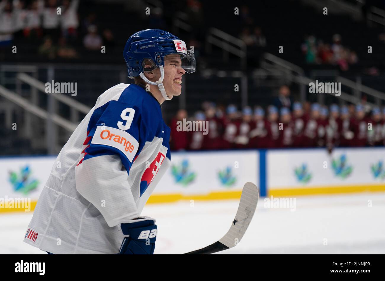 Edmonton, Alberta, Canada. 12th Aug, 2022. ROMAN FAITH (9) of Slovakia celebrates his shoot out goal during overtime at the World Junior Championships at Rogers Place in Edmonton, Alberta. (Credit Image: © Matthew Helfrich/ZUMA Press Wire) Credit: ZUMA Press, Inc./Alamy Live News Stock Photo