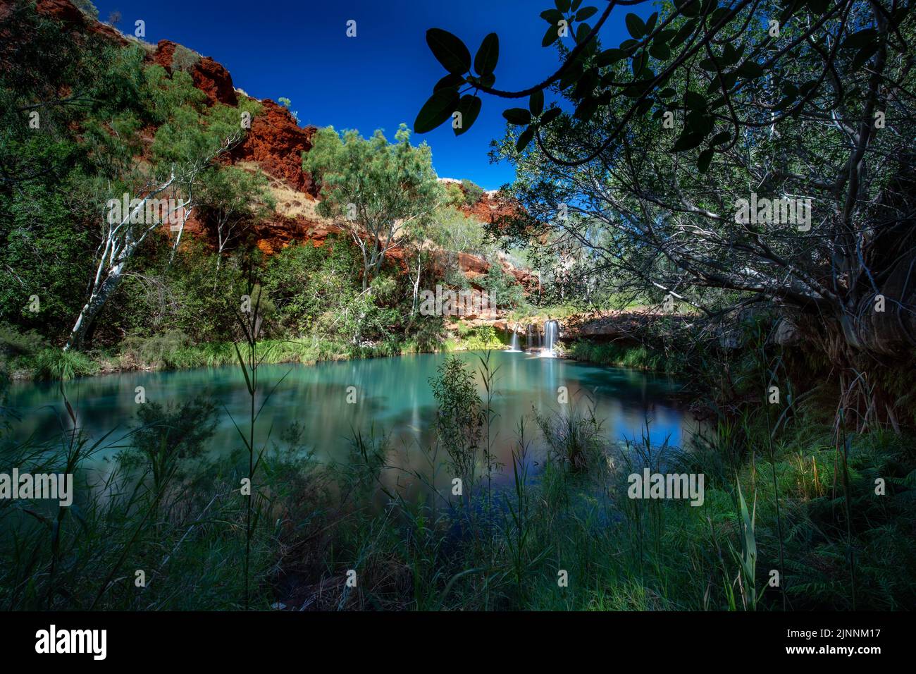 An image of beautiful blue sky, fern pool, waterfall in Dales Gorge, Karijini National Park, Western Australia Stock Photo