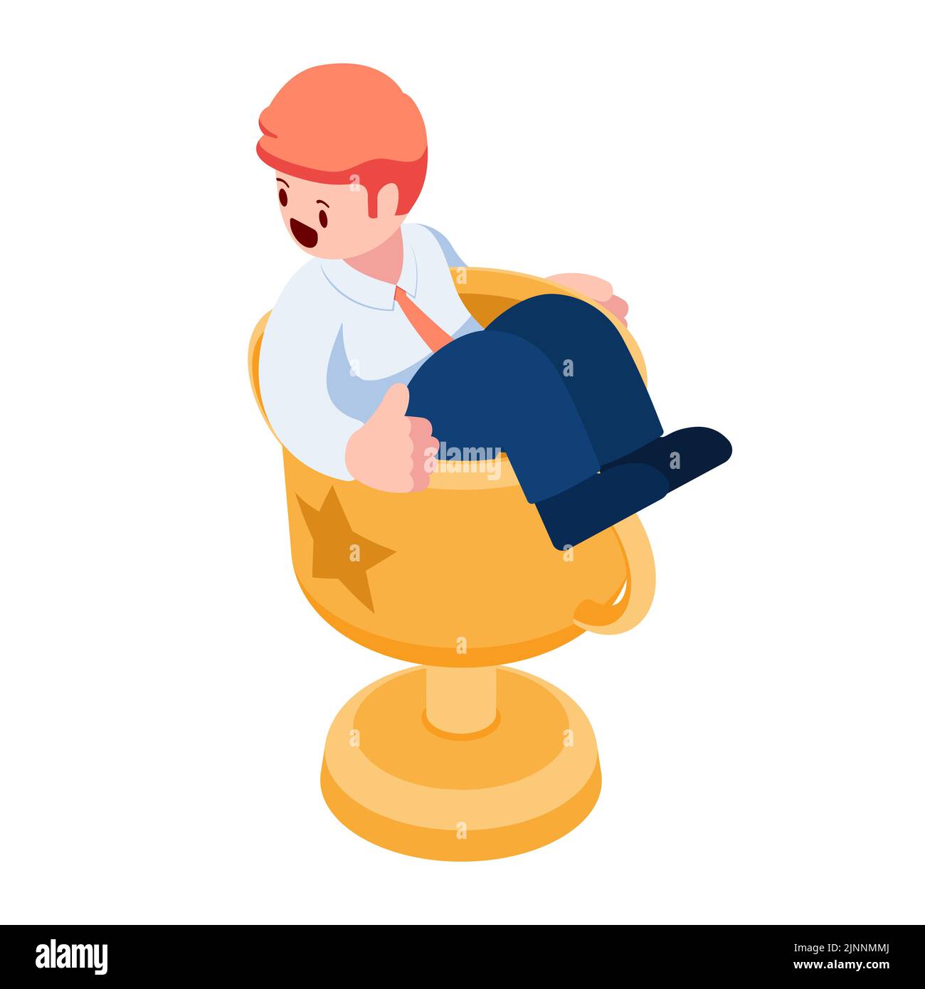 Flat 3d Isometric Businessman Showing Thumbs Up Inside Winner Trophy. Business Winner and Success Concept Stock Vector