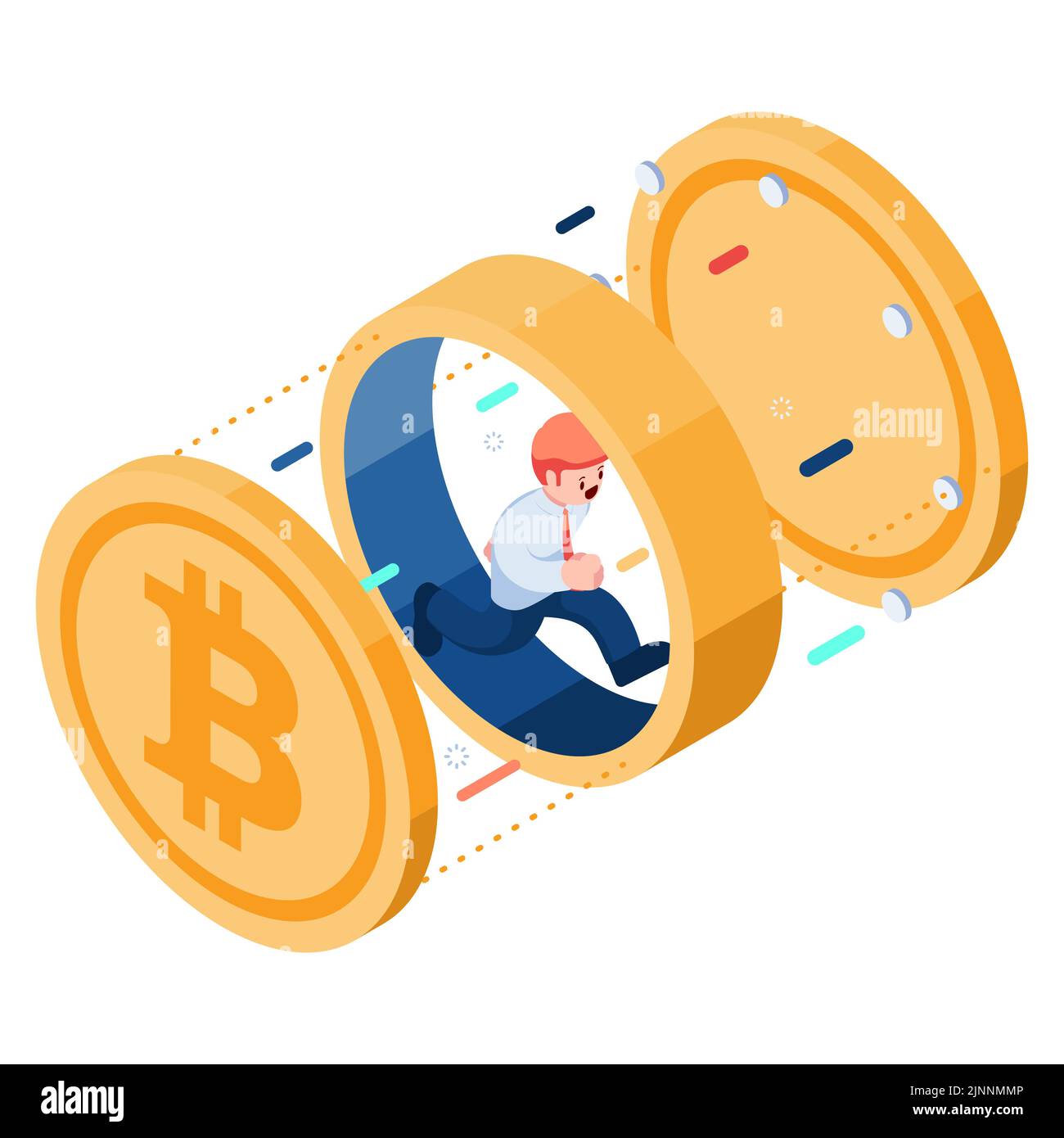 Flat 3d Isometric Businessman Running Inside Bitcoin. Bitcoin and Cryptocurrency Concept. Stock Vector