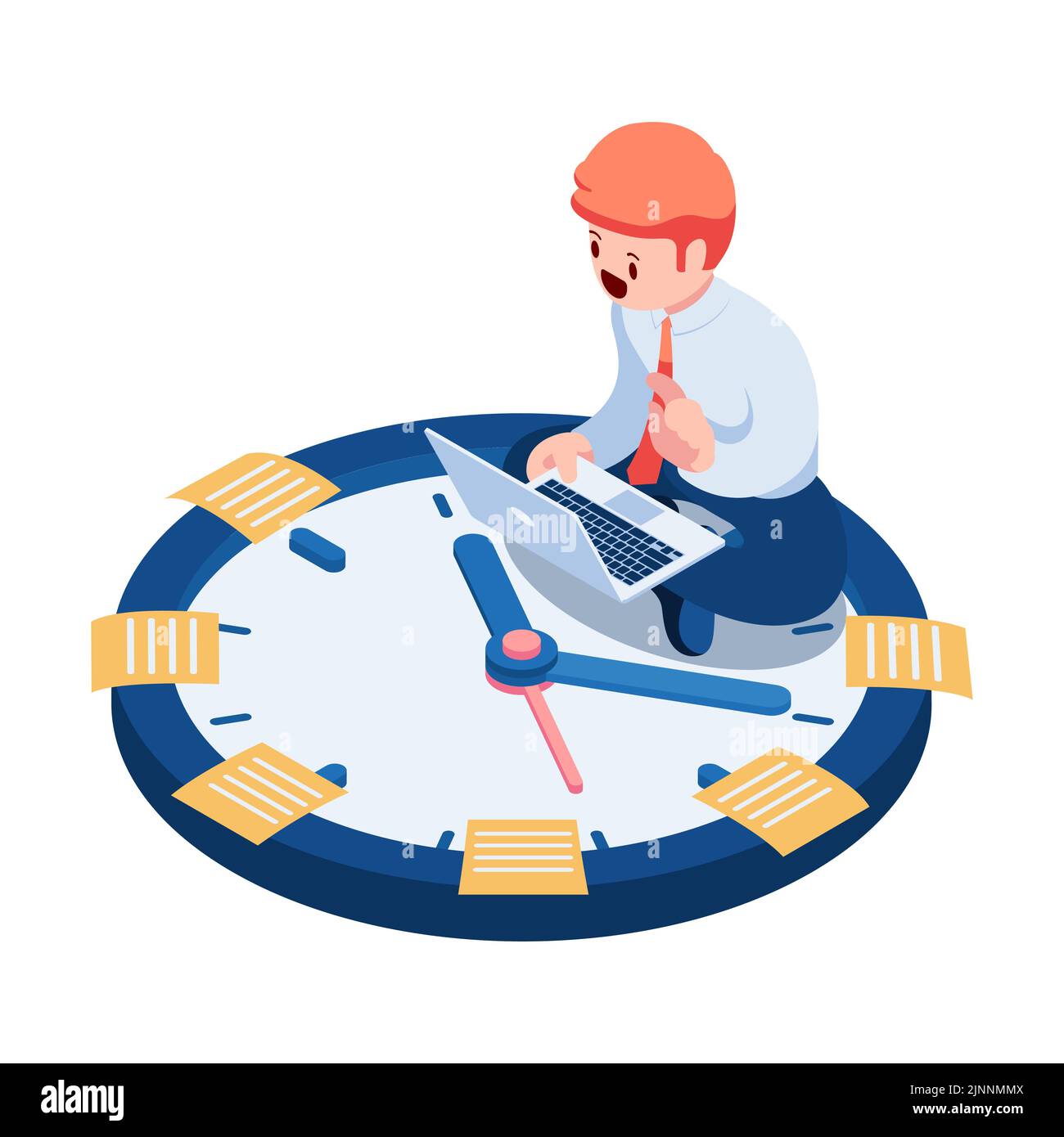 Flat 3d Isometric Businessman Sitting on Clock with Sticky Note. Business Schedule and Reminders Concept. Stock Vector