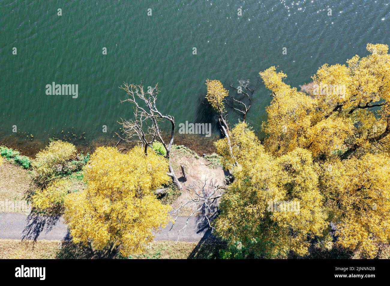 aerial view of lake with calm water, and colorful autumn trees on lakeshore Stock Photo