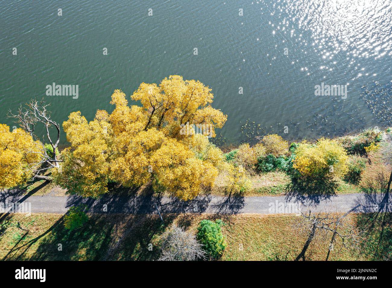aerial top view of lake and colorful trees on bright sunny autumn day Stock Photo