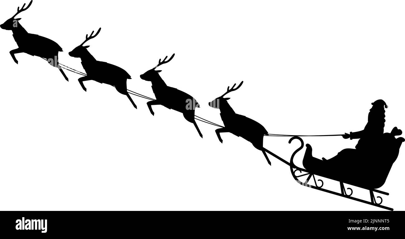 Santa Claus Flying In Reindeer Pulled Sleigh Silhouette Stock Vector ...