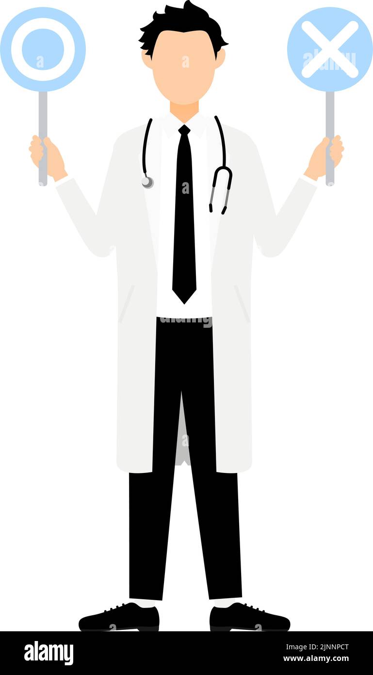 A male doctor in white coat holding a tick-tock stick in a pose of matching answers Stock Vector