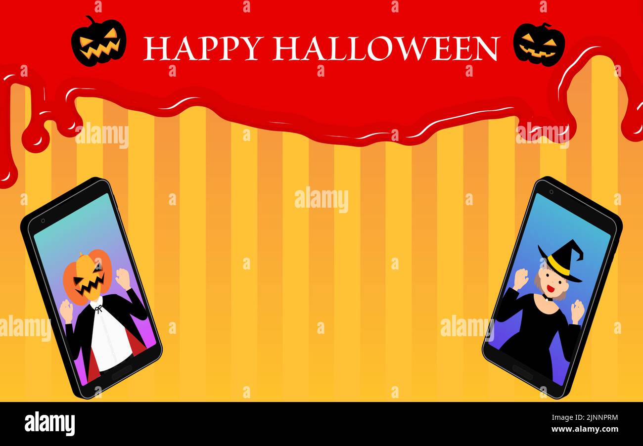 Jackolantern and witch, online Halloween party on smartphone, with