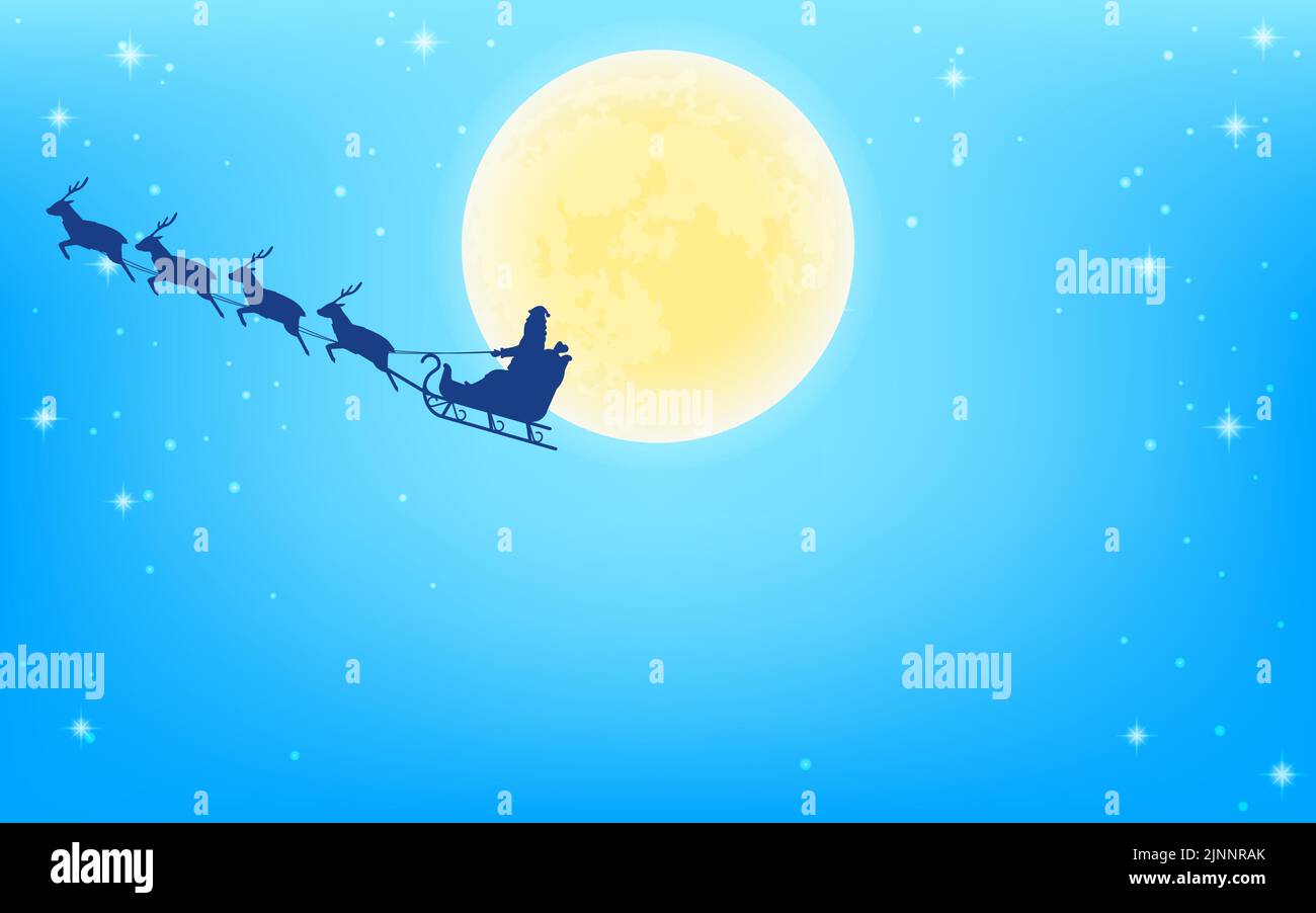 Full moon and silhouette of Santa Claus flying in reindeer sleigh Stock ...