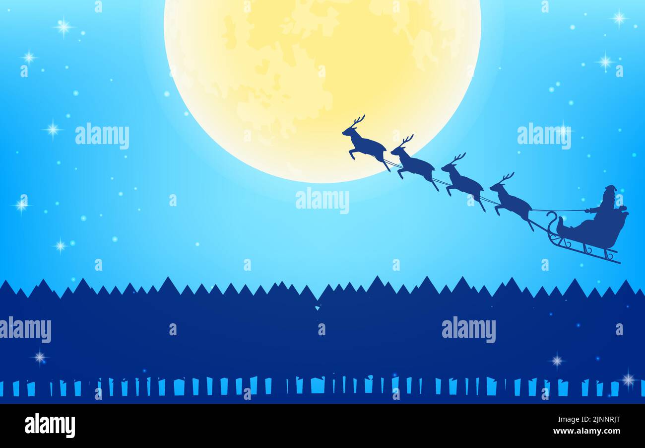 Santa Claus flying in reindeer sleigh, full moon and fir tree ...