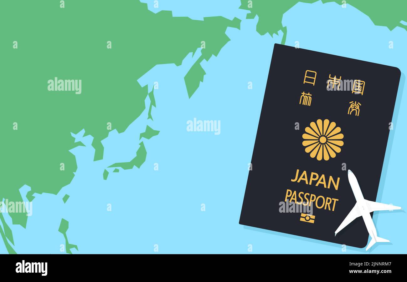 Map of the world around Japan and Japanese passport, general passport