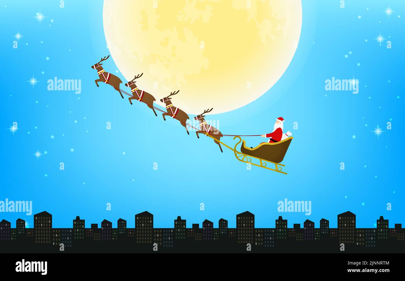 Santa Claus flying in reindeer sleigh, silhouette background with full ...