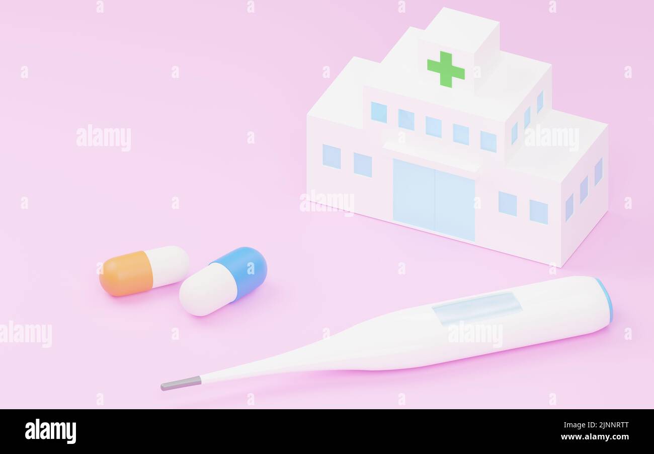 3DCG Image of medical visit, model of hospital with thermometer and antipyretic (capsule), isometric Stock Photo