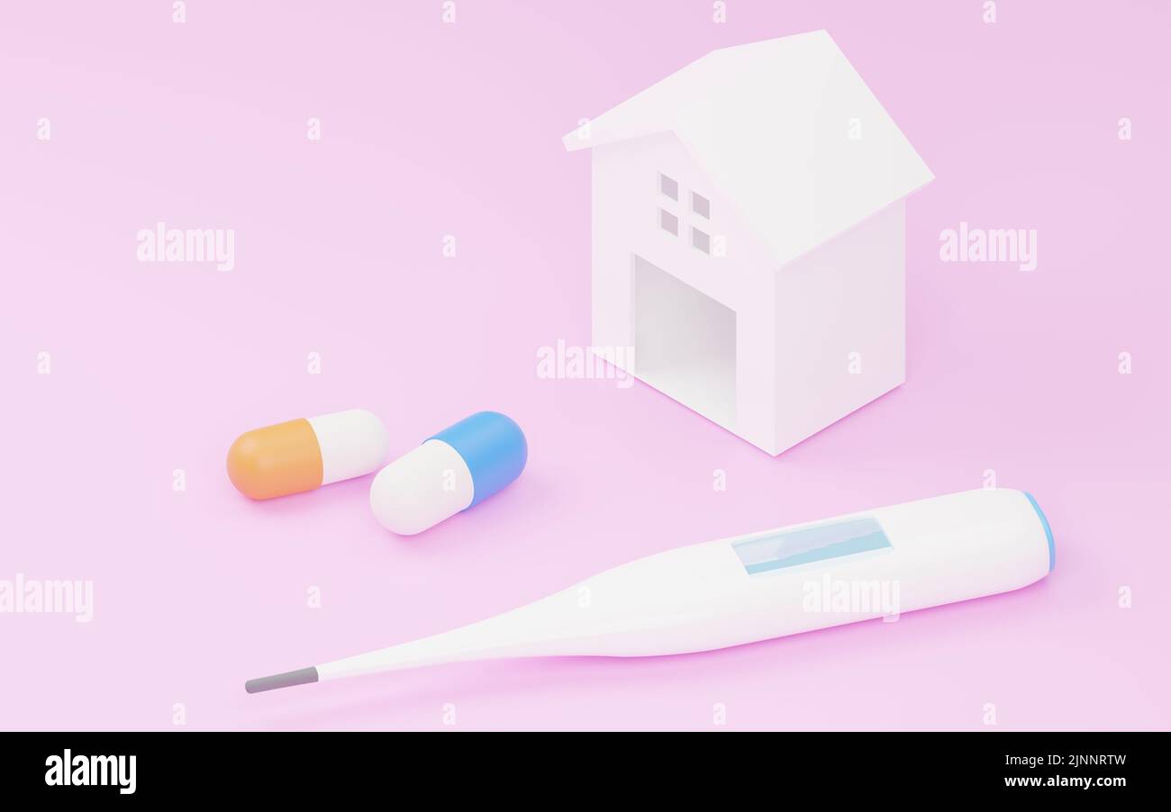 3DCG Image of home treatment, model of house with thermometer and antipyretic (capsule), isometric Stock Photo