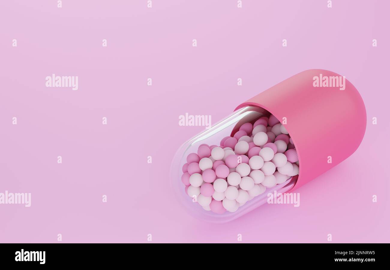 3DCG Medicine, white and pink capsules with grains, isometric Stock