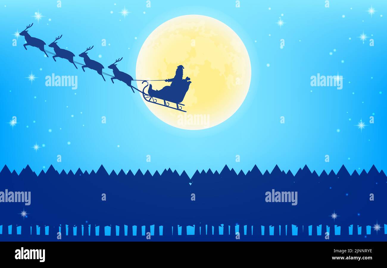 Santa Claus flying in reindeer sleigh, full moon and fir tree ...